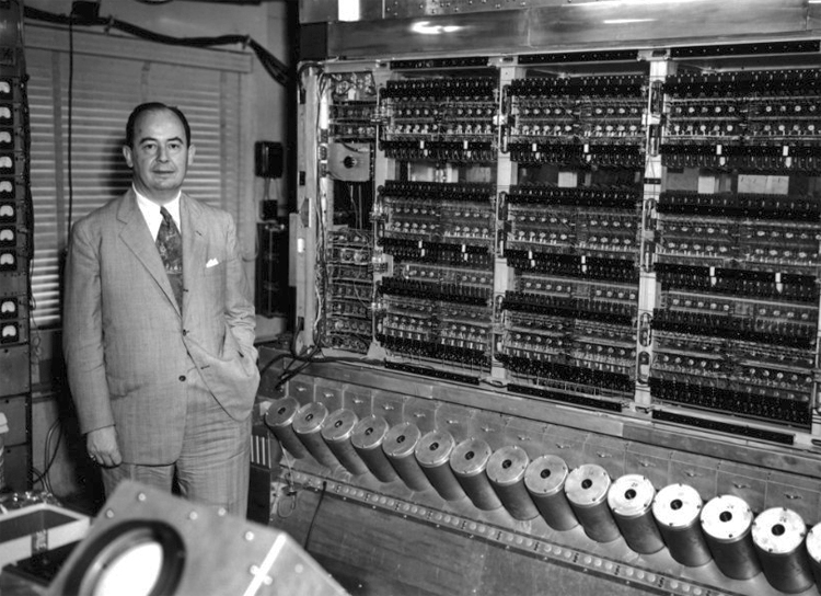 John von Neumann with the Institute of Advanced Studies (IAS) computer, around 1951. Von Neumann persuaded IAS to expand from doing theoretical studies to building a real computer, with meteorology calculations as a key test of its scientific value. Courtesy Computer History Museum, Object ID 500004275 © Alan Richards via the Shelby White and Leon Levy Archives Center, Institute for Advanced Study